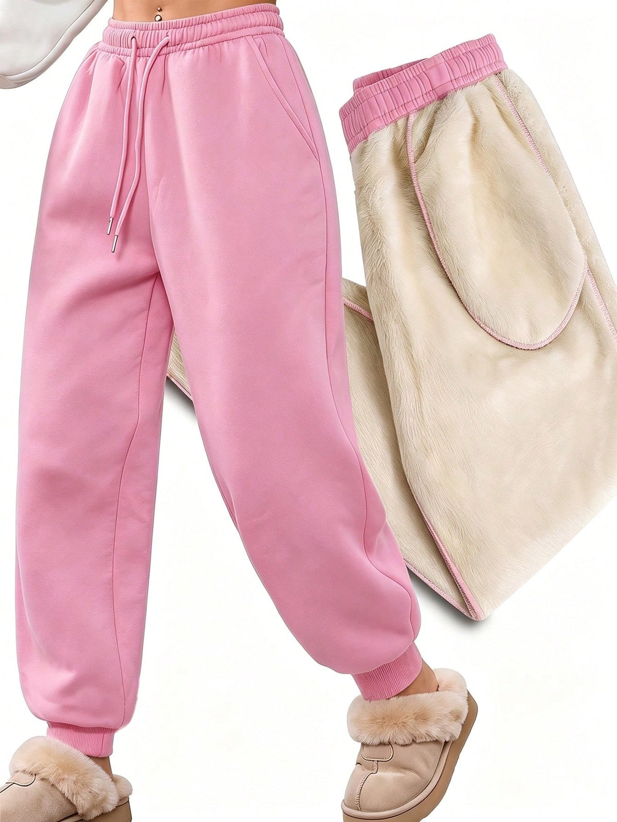 Fleece lined joggers for women with a teddy lining and drawstring - pink