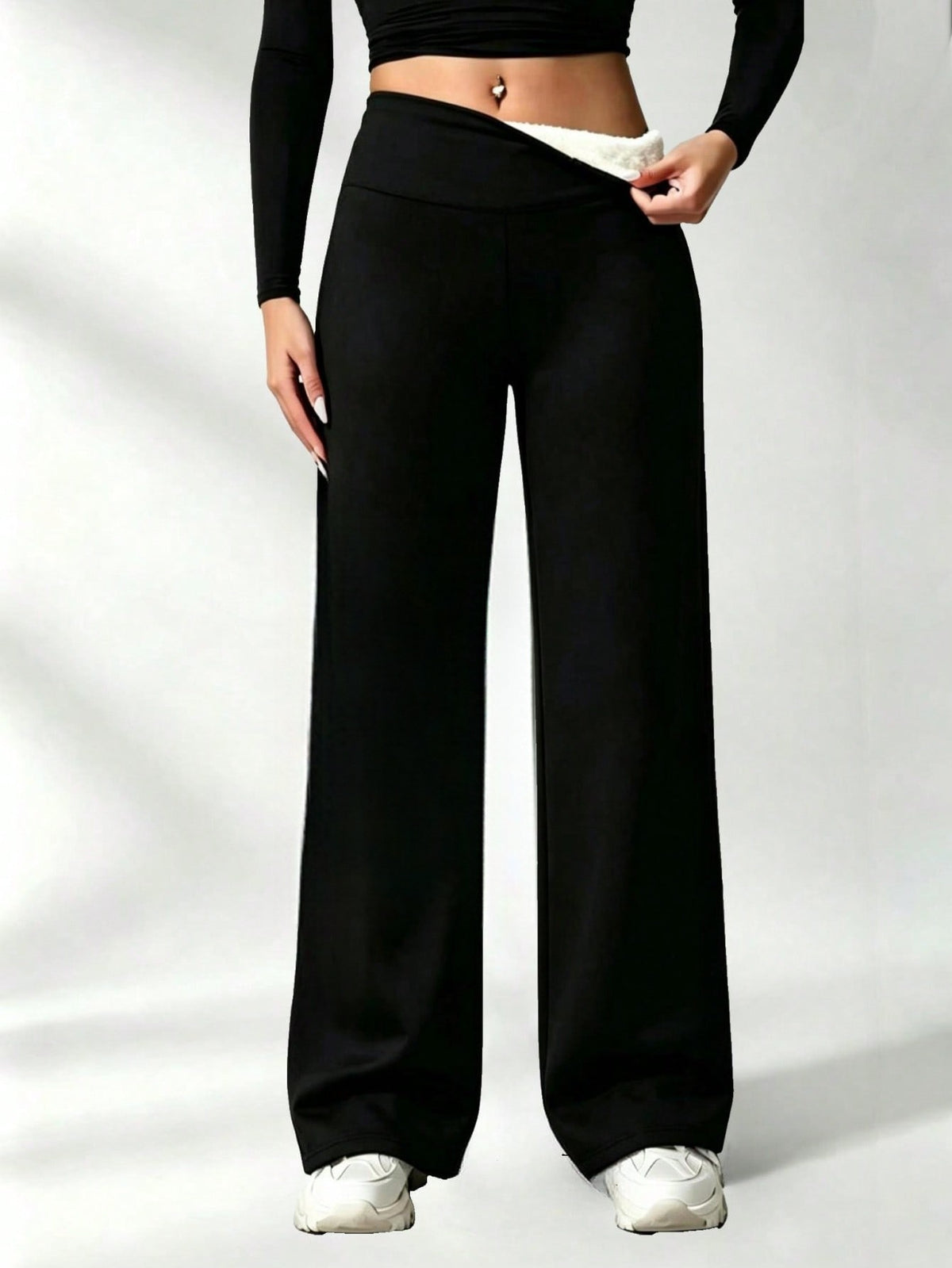 Fleece lined wide leg trousers for women in black with a high waistband - black