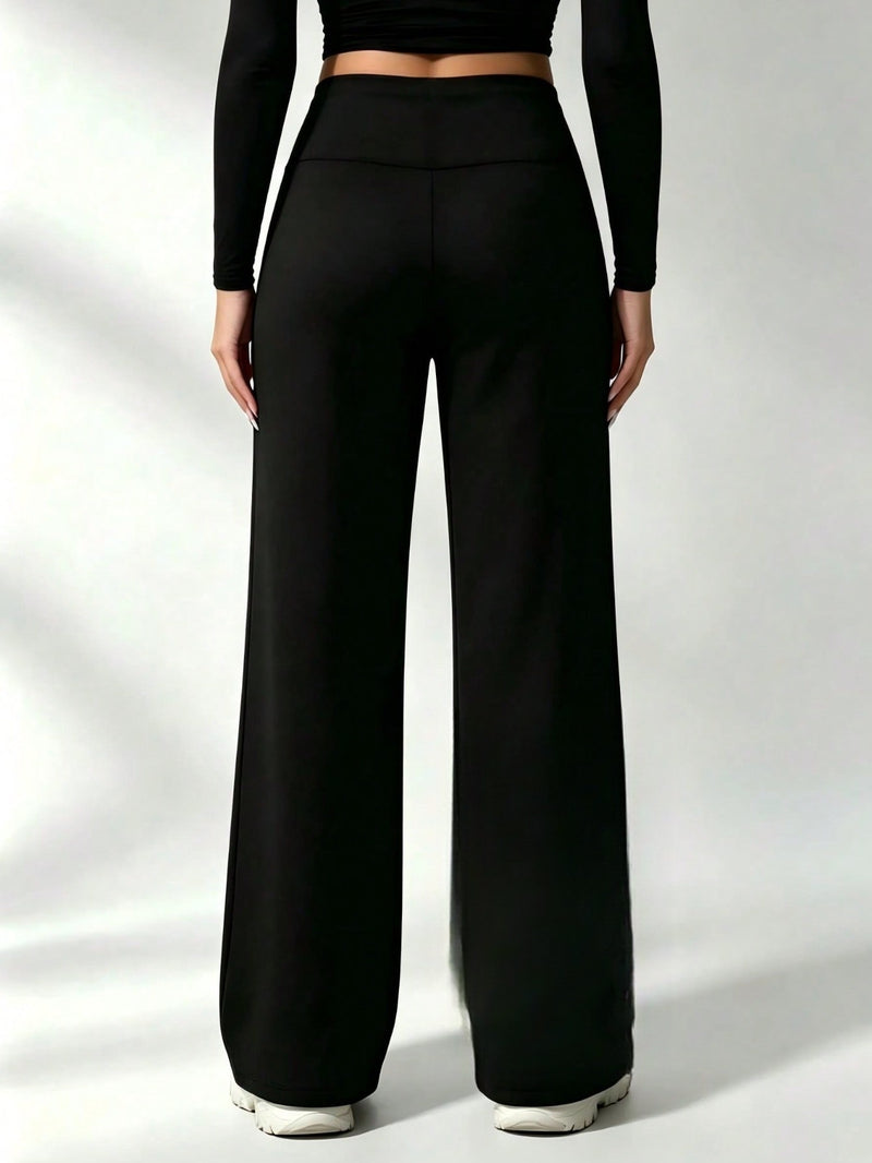 Fleece lined wide leg trousers for women in black with a high waistband - view 2