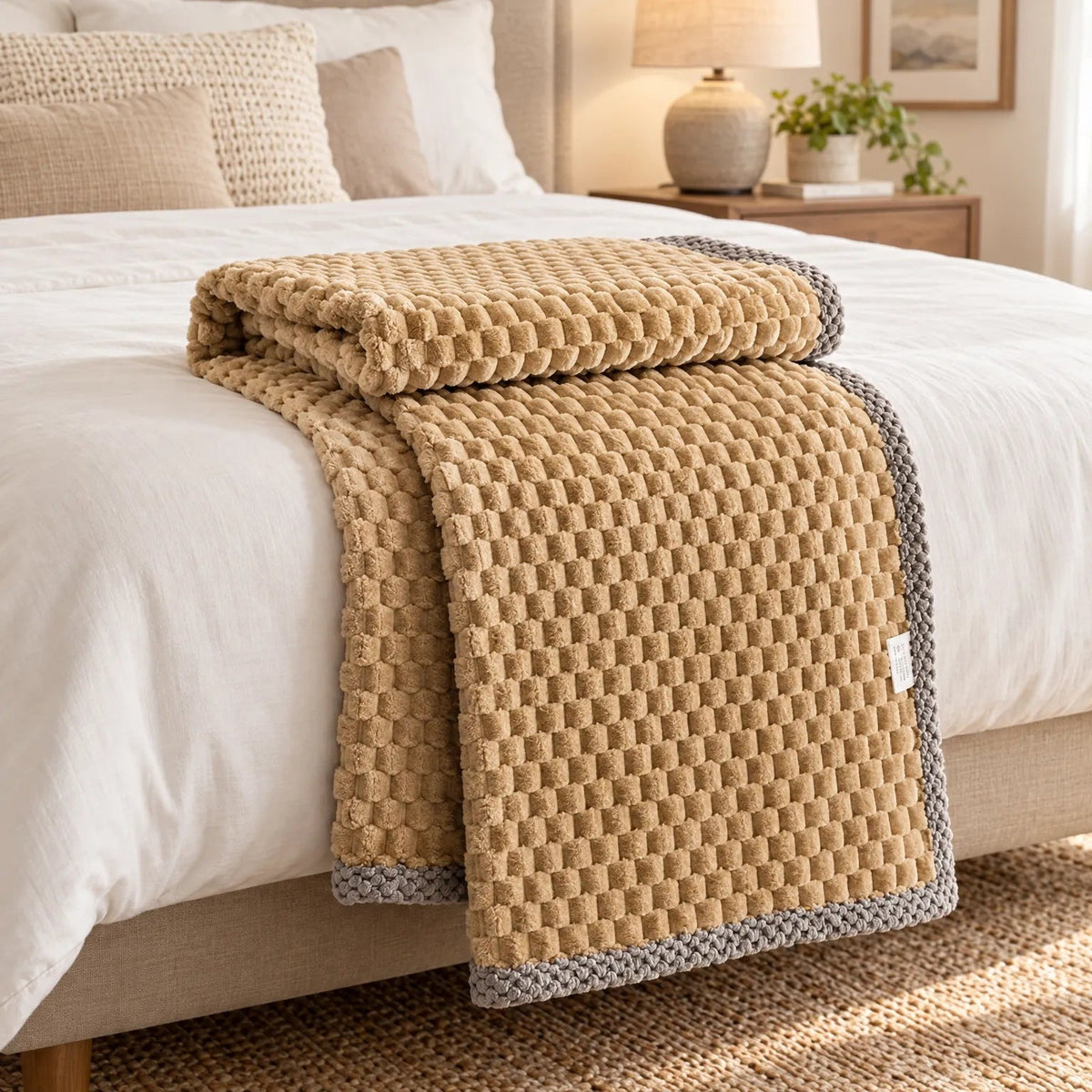 Fleece throw with a block texture and knitted trim draped over a bed