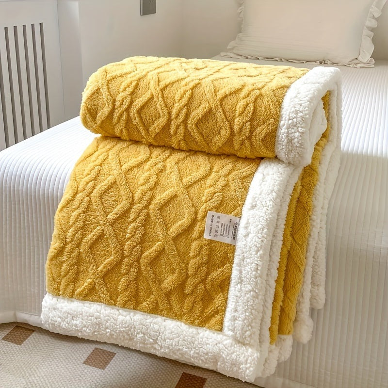 Reversible fleece throw with a cable pattern and sherpa back - ochre