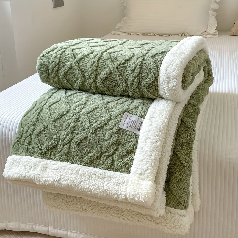Reversible fleece throw with a cable pattern and sherpa back - olive green