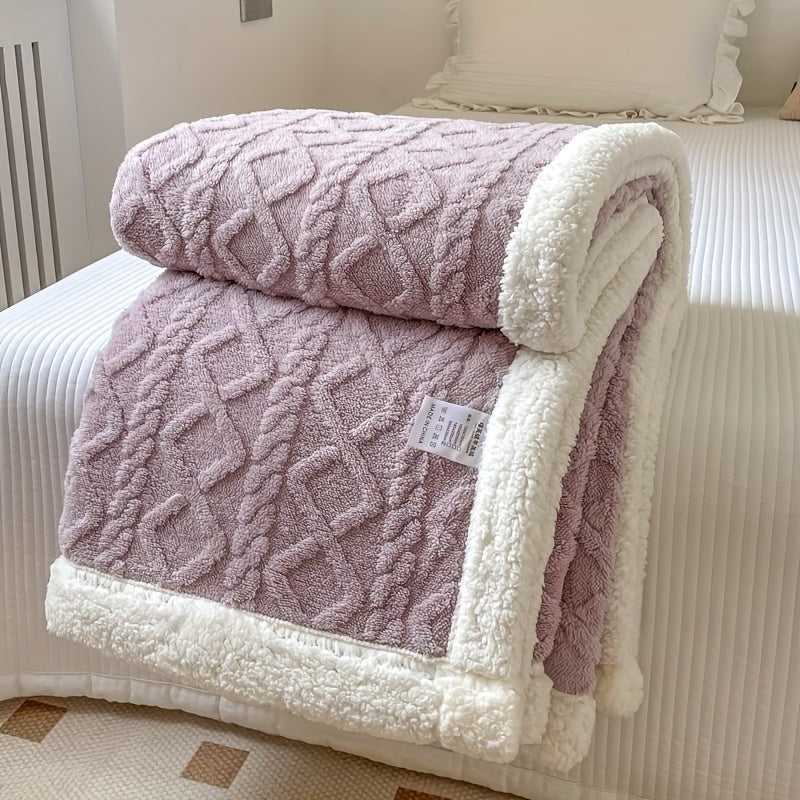 Reversible fleece throw with a cable pattern and sherpa back - lilac