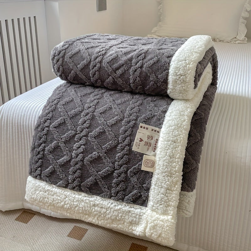 Reversible fleece throw with a cable pattern and sherpa back - charcoal