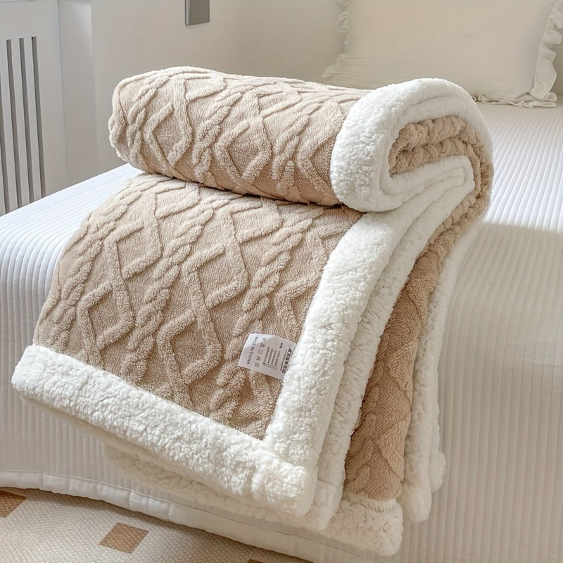 Reversible fleece throw with a cable pattern and sherpa back - beige