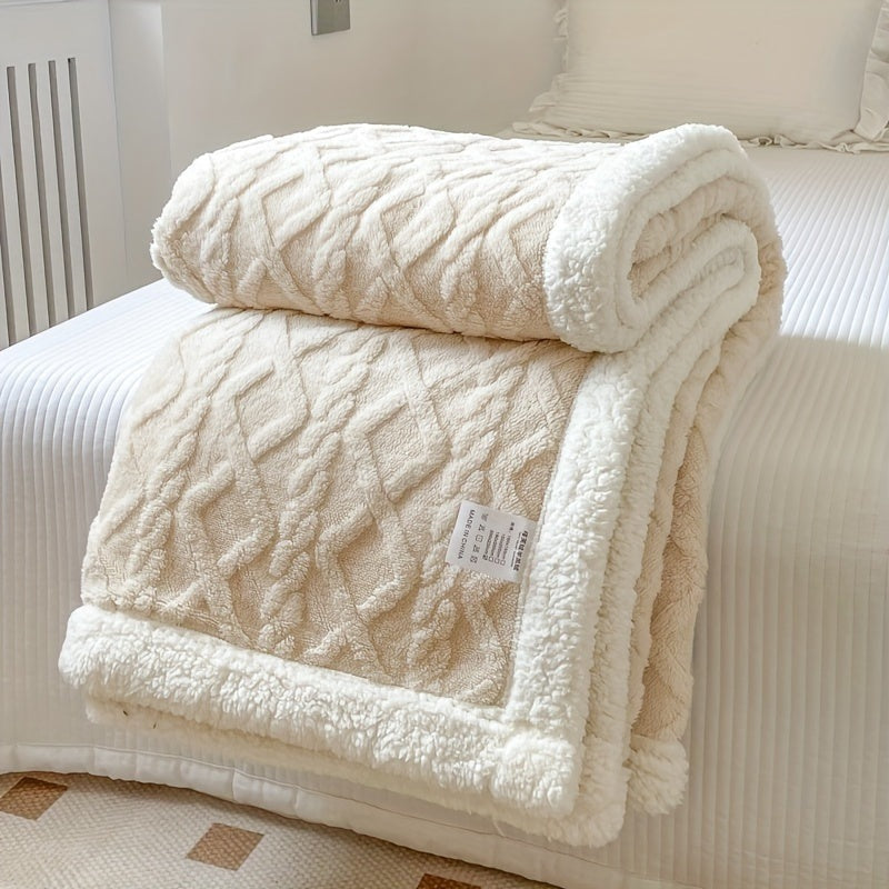 Reversible fleece throw with a cable pattern and sherpa back - cream
