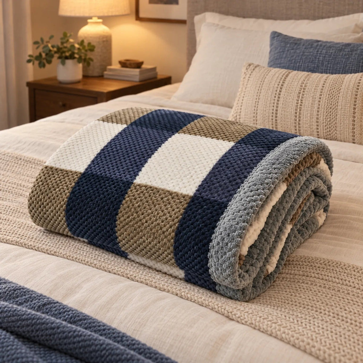 Fleece throw with a check pattern and waffle texture