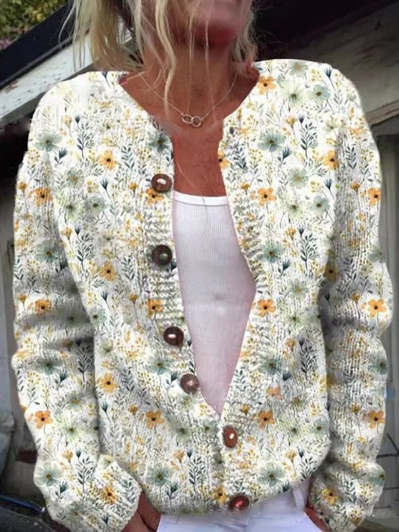 Women's printed knit cardigan with a crew neck and brown buttons - cream floral