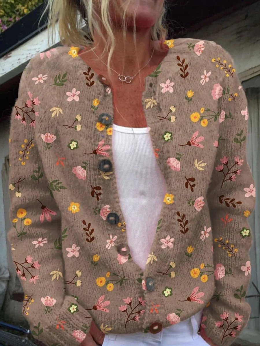 Women's printed knit cardigan with a crew neck and brown buttons - brown floral