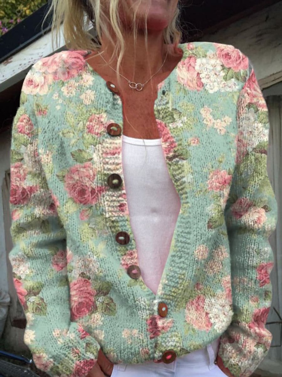 Women's printed knit cardigan with a crew neck and brown buttons - mint rose
