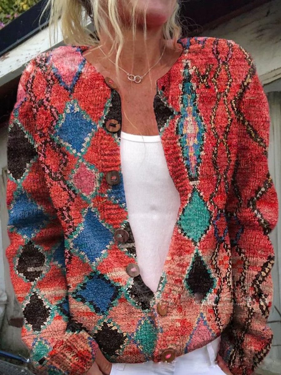 Women's printed knit cardigan with a crew neck and brown buttons - red diamond