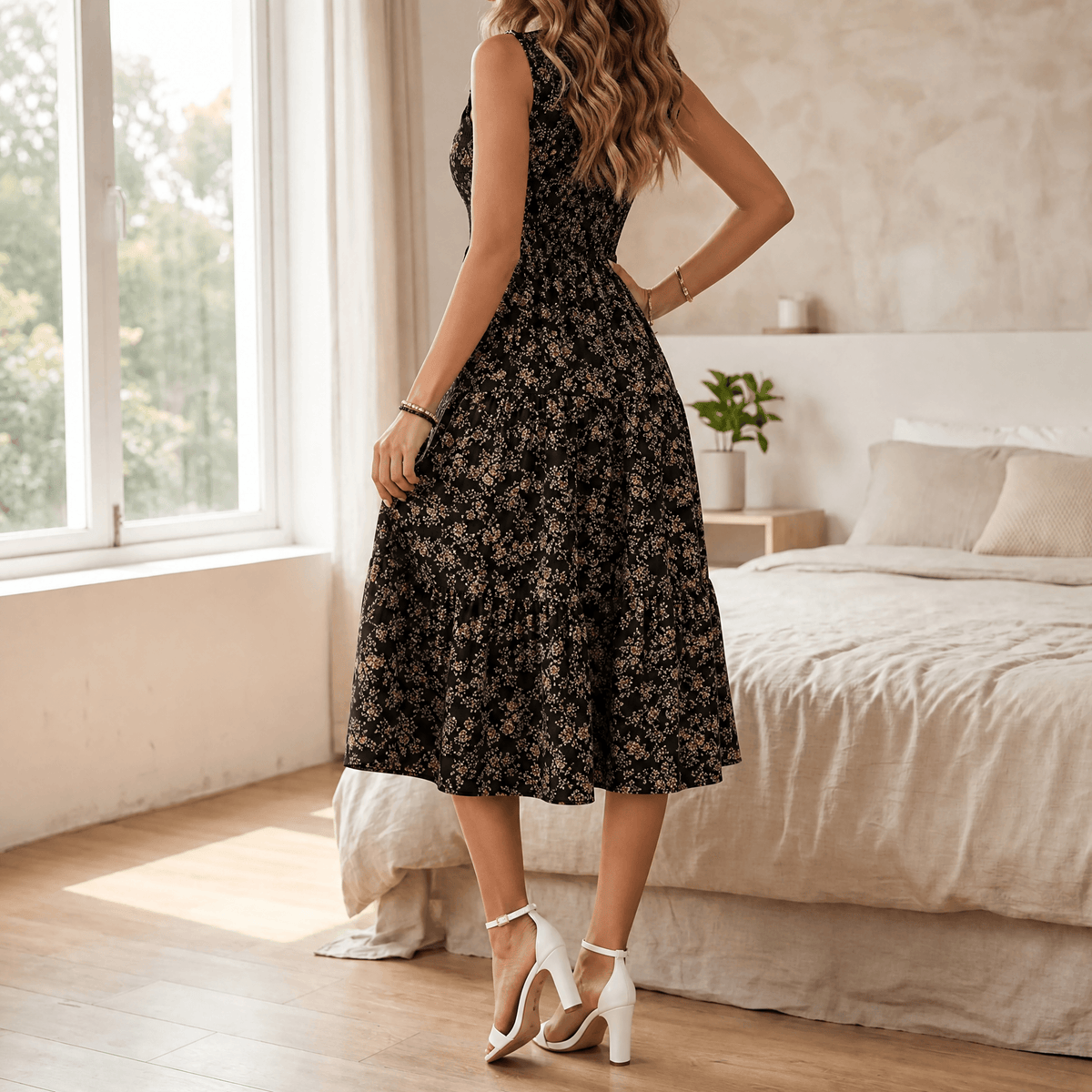 Women's smocked floral midi dress in Black Floral