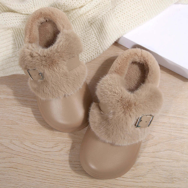 Women's fluffy EVA clog slippers with a wide faux fur band, buckle and thick sole - taupe