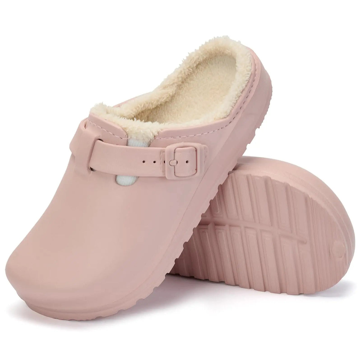 Clog slippers with a buckle strap, plush lining and tread sole