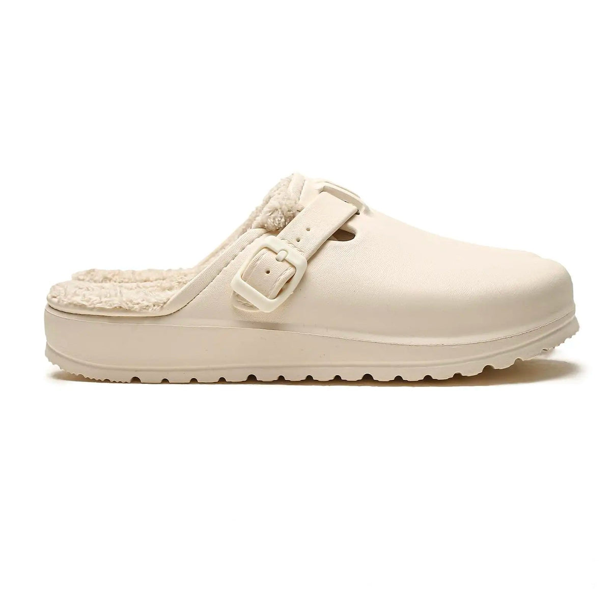 Clog slippers with a buckle strap, plush lining and tread sole - cream
