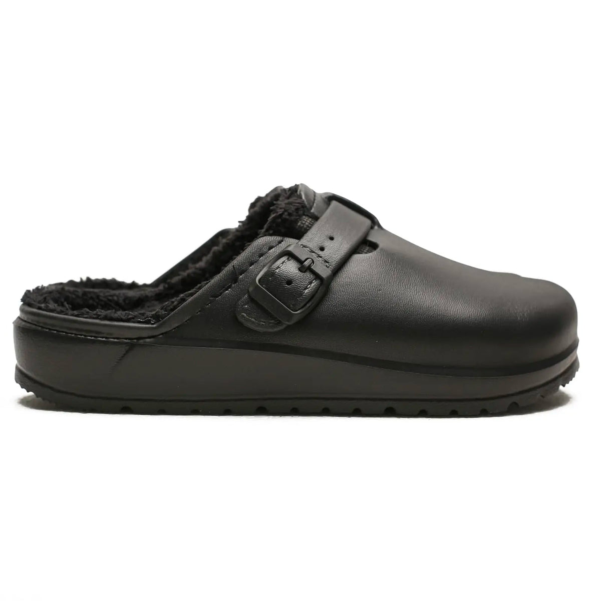Clog slippers with a buckle strap, plush lining and tread sole - black