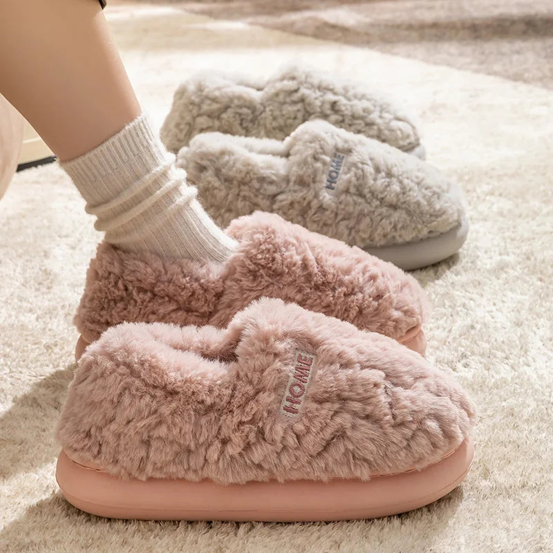 Fluffy slippers with a closed heel, plush upper and thick sole with tread