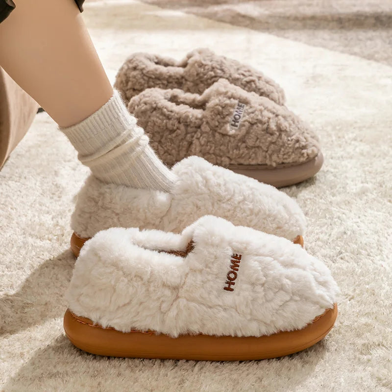 Fluffy slippers with a closed heel, plush upper and thick sole with tread - view 2