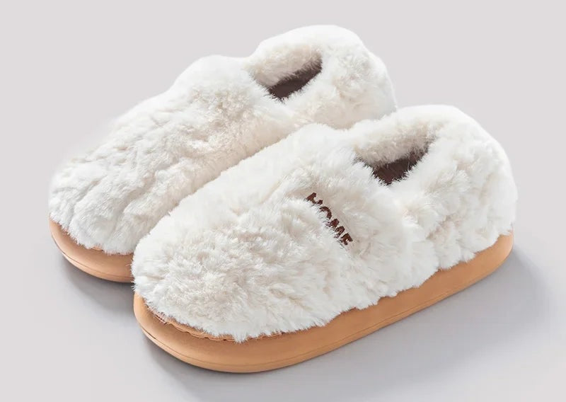 Fluffy slippers with a closed heel, plush upper and thick sole with tread - white