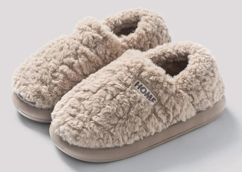 Fluffy slippers with a closed heel, plush upper and thick sole with tread - taupe