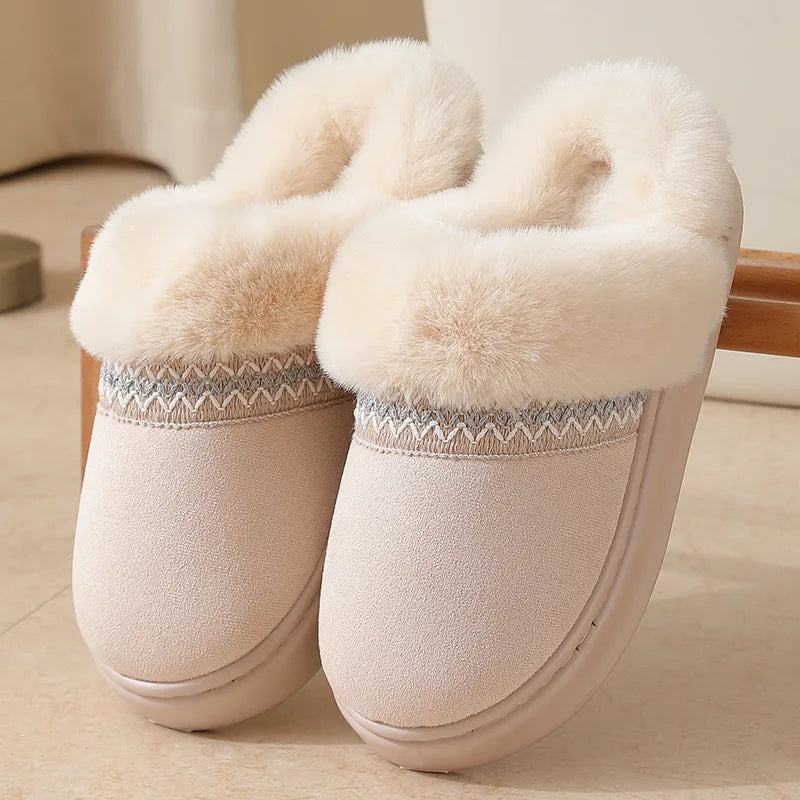 Fluffy slippers in suede look with plush collar, embroidered band and open heel - beige