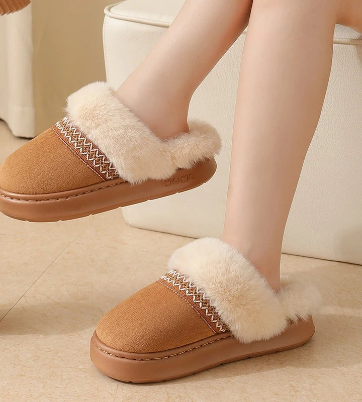 Fluffy slippers in suede look with plush collar, embroidered band and open heel - view 2