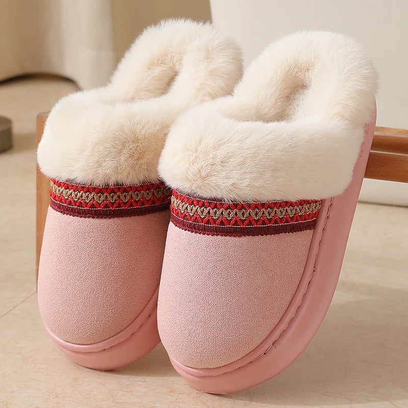 Fluffy slippers in suede look with plush collar, embroidered band and open heel - view 5