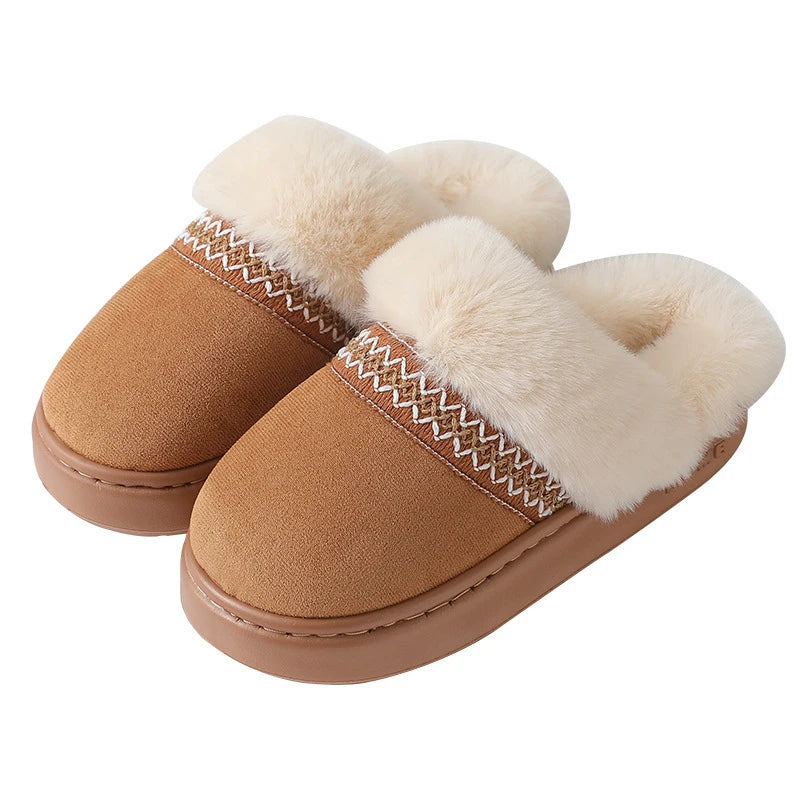 Fluffy slippers in suede look with plush collar, embroidered band and open heel - view 6
