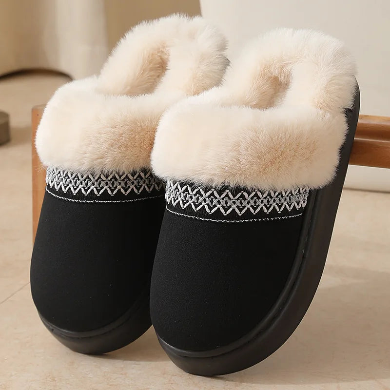 Fluffy slippers in suede look with plush collar, embroidered band and open heel - black