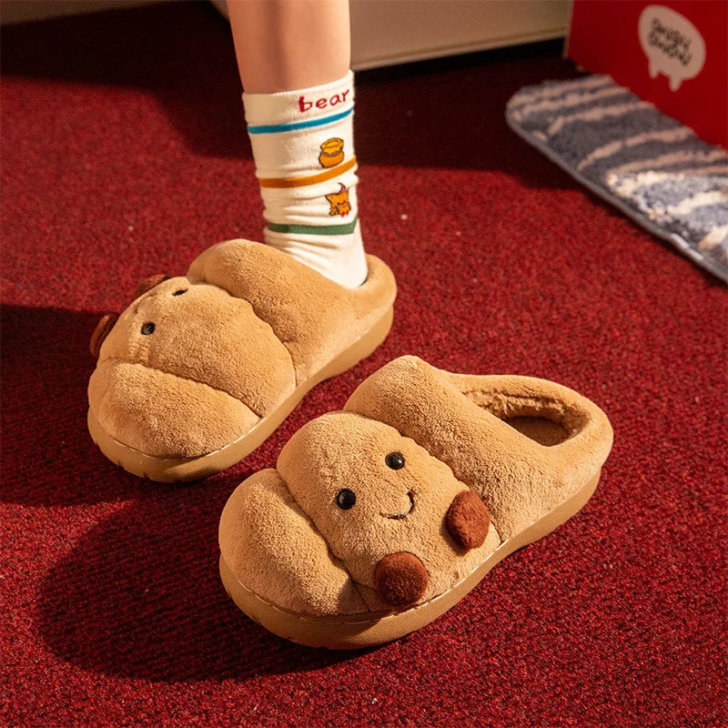 Fluffy slippers shaped like a croissant with stitched face, teddy lining and thick sole - view 3