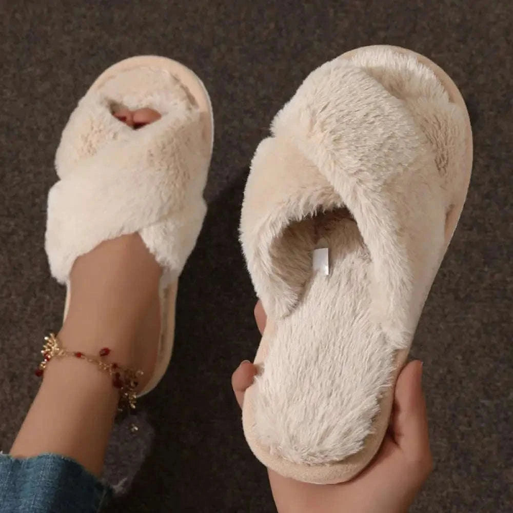 Fluffy slippers with crossed plush bands, open toe and memory foam footbed - view 3