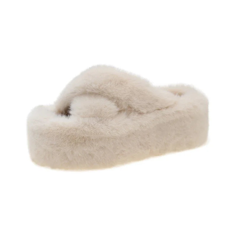 Slippers with crossed faux fur straps and a thick platform sole covered in plush - cream