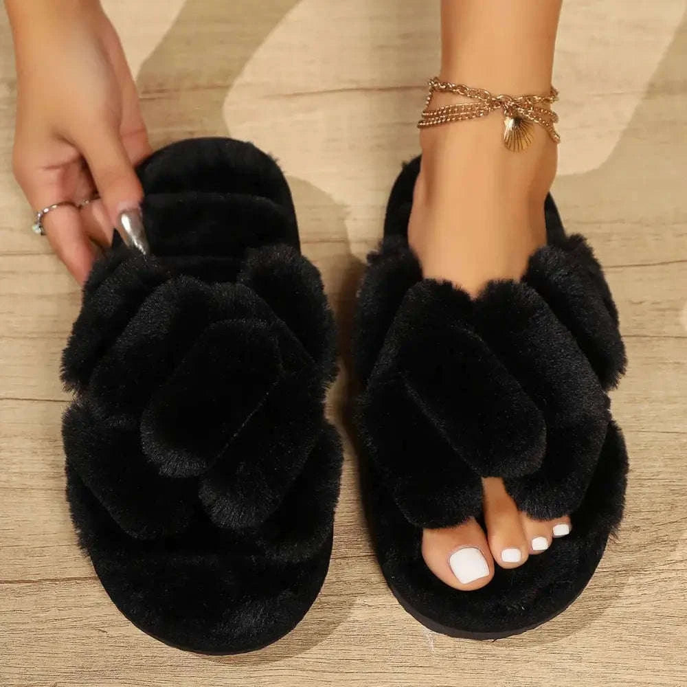 Fluffy slippers with crossed plush straps, open toe and flat EVA sole - black