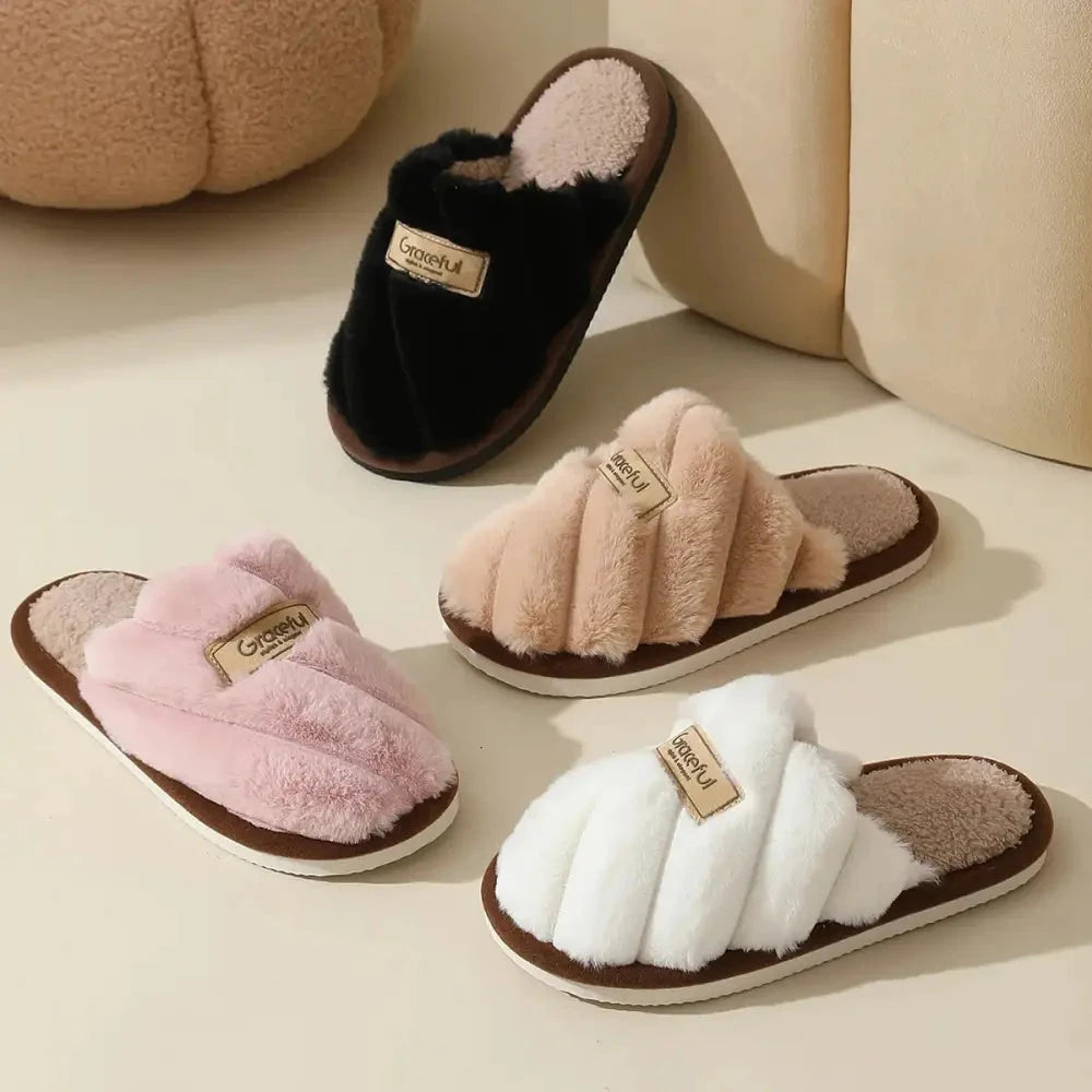 Fluffy slippers with crossover plush straps, teddy footbed and open heel