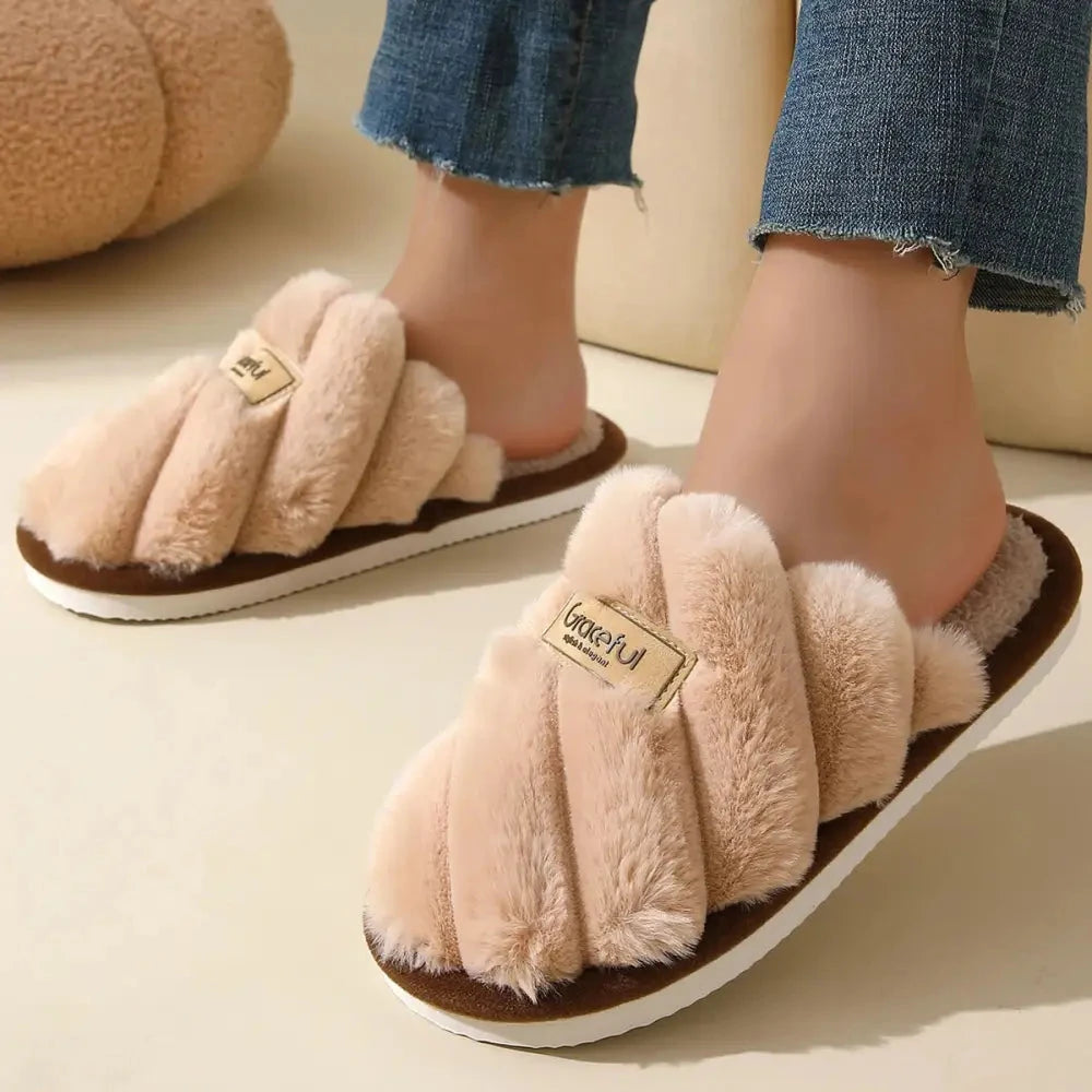Fluffy slippers with crossover plush straps, teddy footbed and open heel - view 5