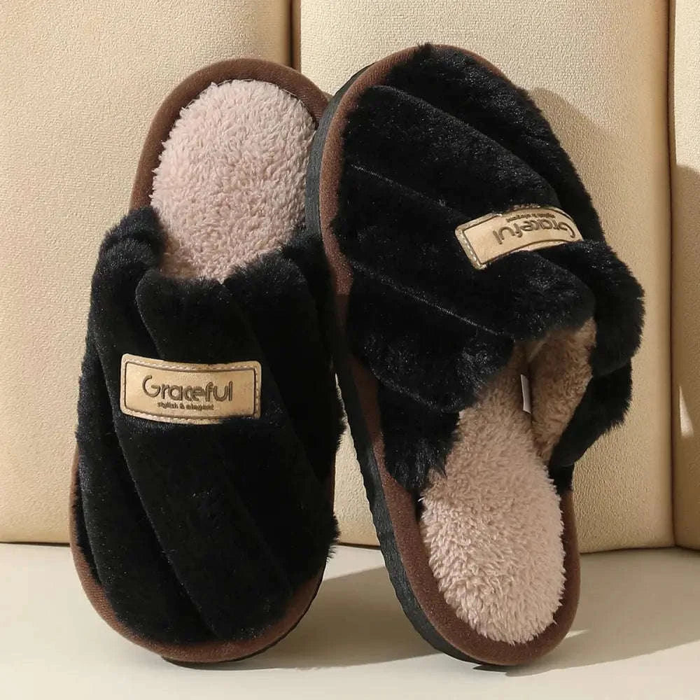Fluffy slippers with crossover plush straps, teddy footbed and open heel - black