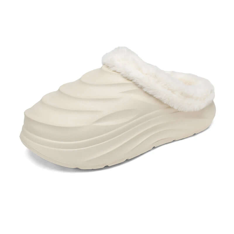 Fluffy slippers with a wave-pattern EVA shell, plush collar and thick sole - cream