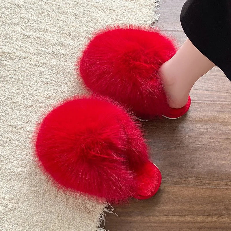 Fluffy slippers with a long faux fur upper, open back and rubber sole - view 6