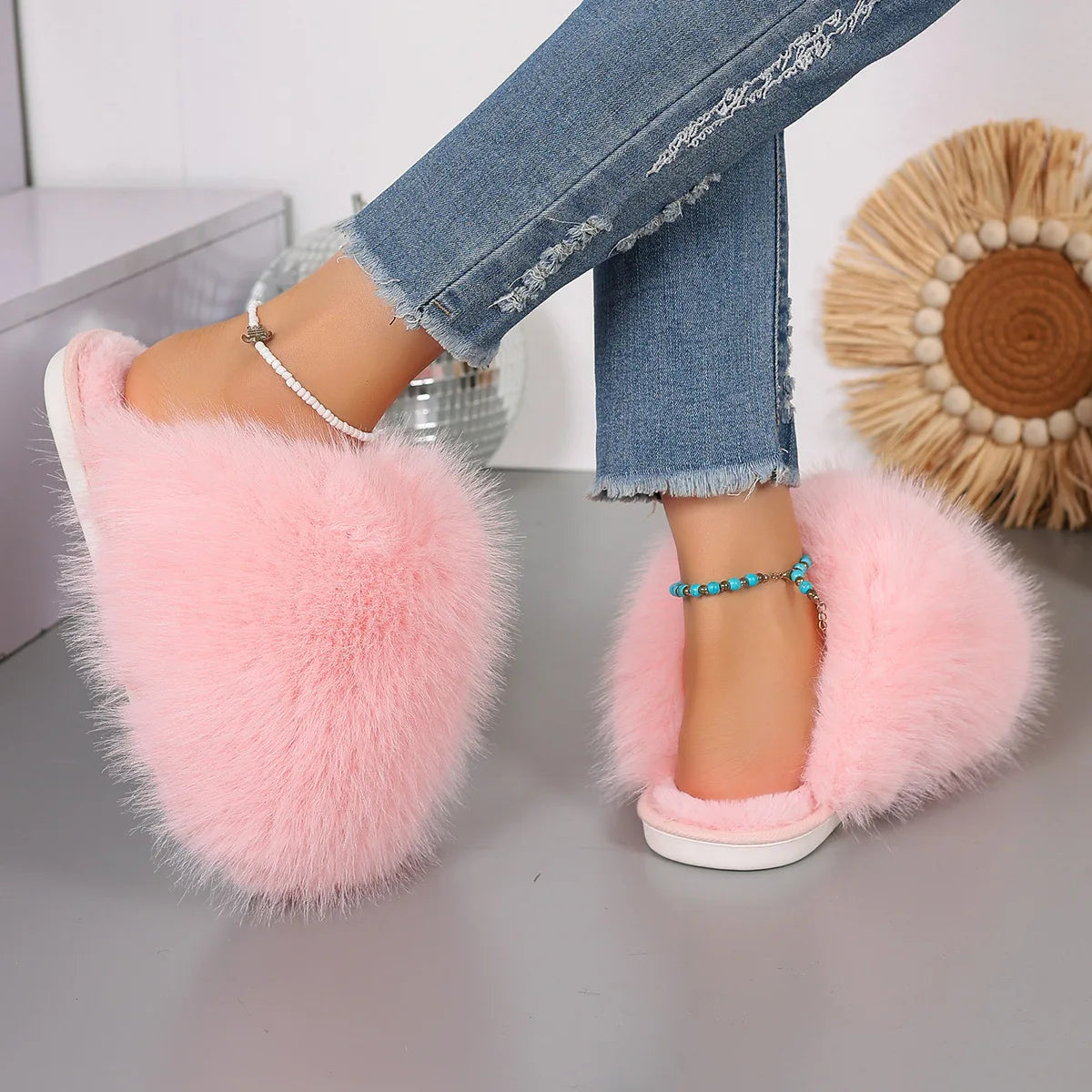 Fluffy slippers with a long faux fur upper, open back and rubber sole - view 7