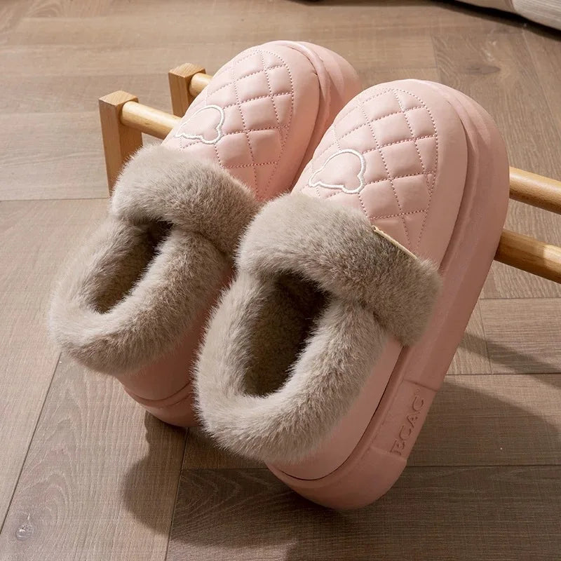 Fluffy mule slippers with a quilted faux leather upper, wide plush cuff and thick EVA sole - pink / taupe cuff