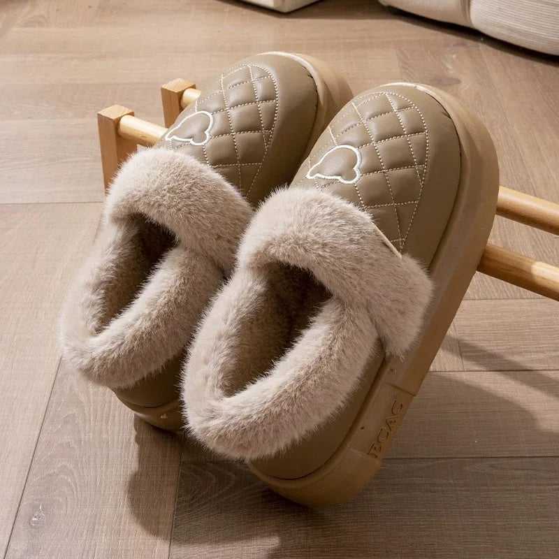 Fluffy mule slippers with a quilted faux leather upper, wide plush cuff and thick EVA sole - brown / taupe cuff