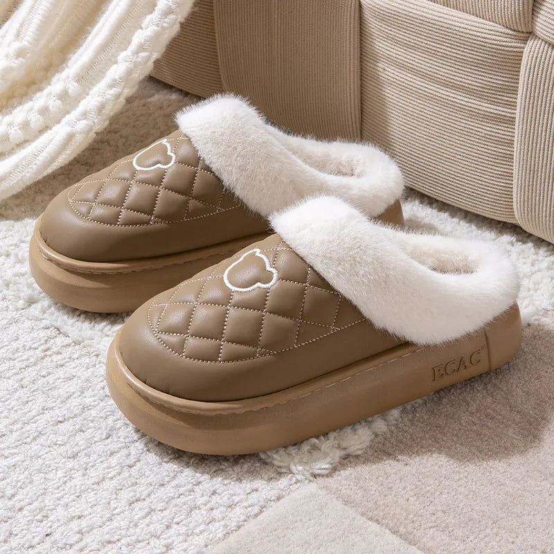 Fluffy mule slippers with a quilted faux leather upper, wide plush cuff and thick EVA sole - brown / white cuff