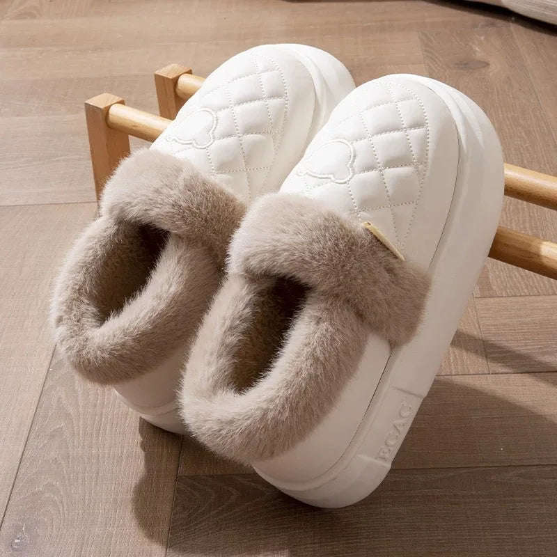Fluffy mule slippers with a quilted faux leather upper, wide plush cuff and thick EVA sole - white / taupe cuff