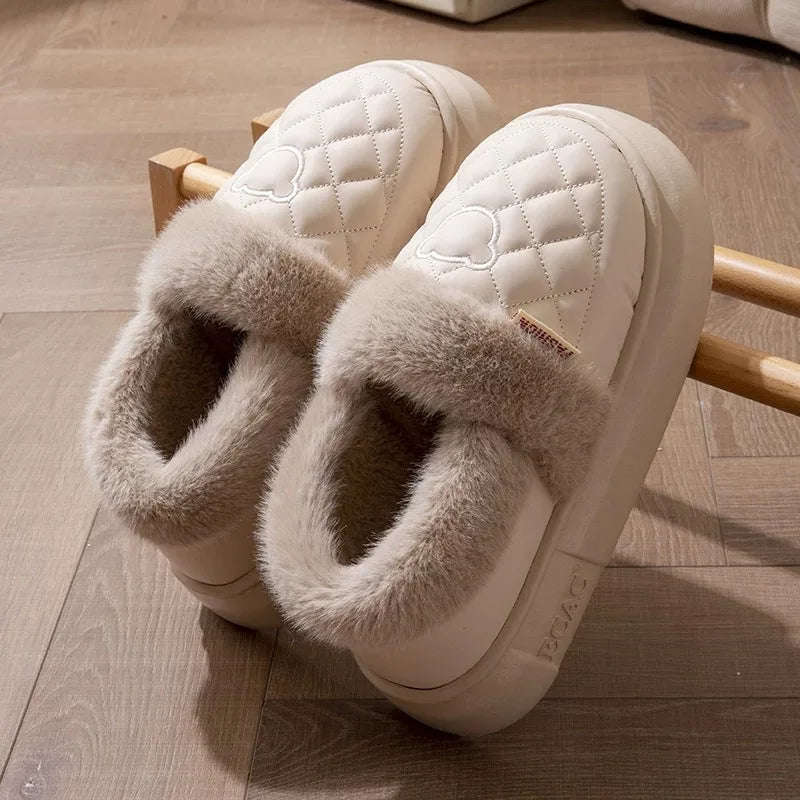 Fluffy mule slippers with a quilted faux leather upper, wide plush cuff and thick EVA sole - beige / taupe cuff