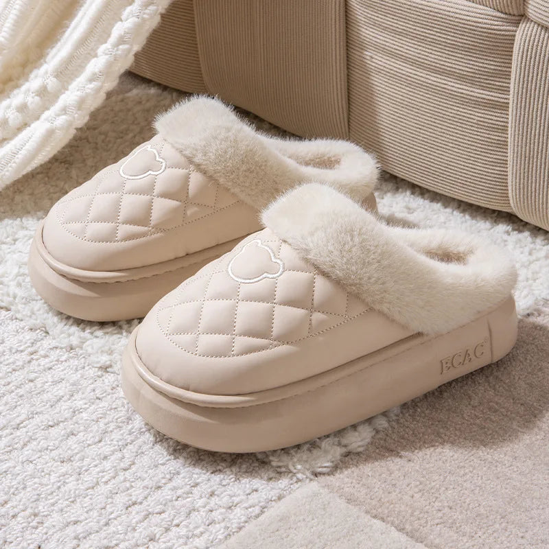 Fluffy mule slippers with a quilted faux leather upper, wide plush cuff and thick EVA sole - beige / white cuff