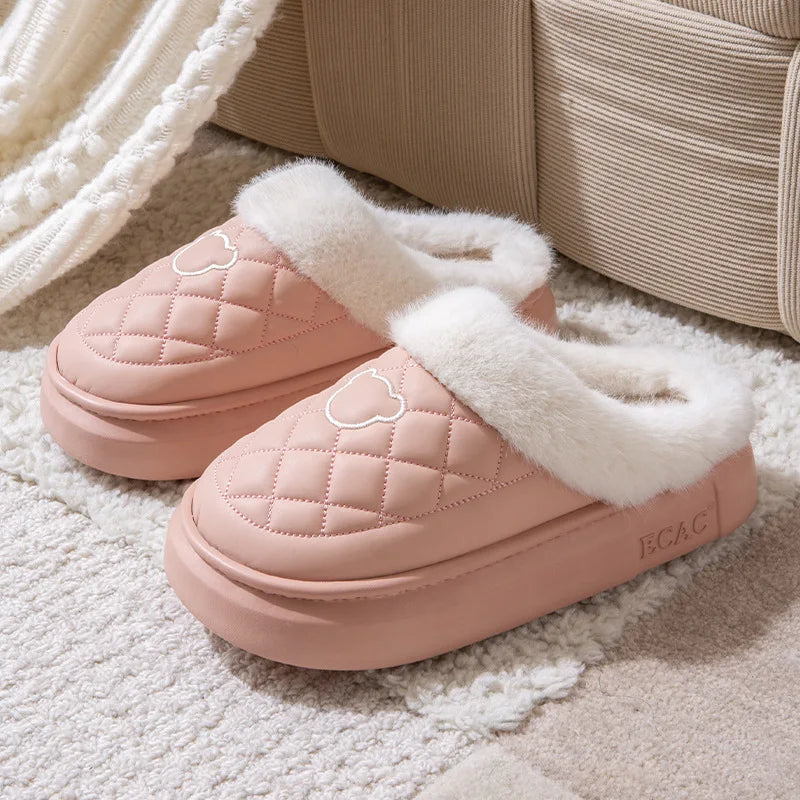Fluffy mule slippers with a quilted faux leather upper, wide plush cuff and thick EVA sole - pink / white cuff
