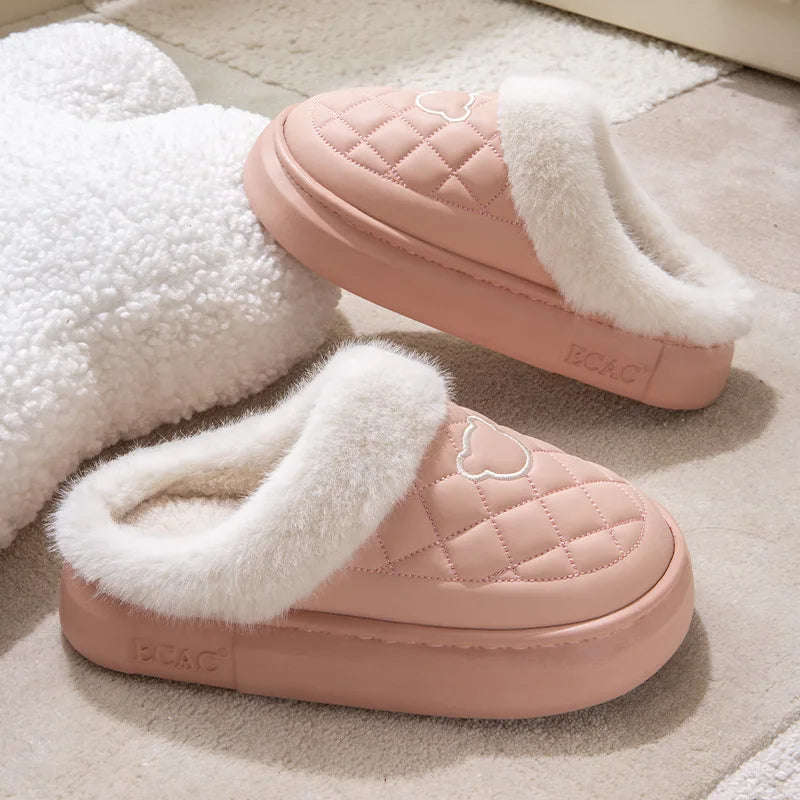Fluffy mule slippers with a quilted faux leather upper, wide plush cuff and thick EVA sole - view 2