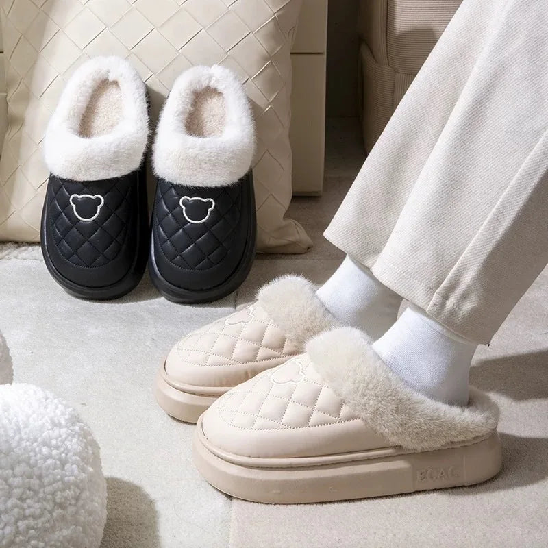 Fluffy mule slippers with a quilted faux leather upper, wide plush cuff and thick EVA sole - view 4