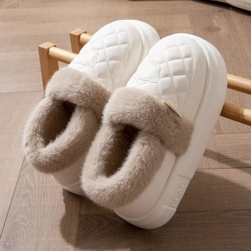 Fluffy mule slippers with a quilted faux leather upper, wide plush cuff and thick EVA sole - view 6