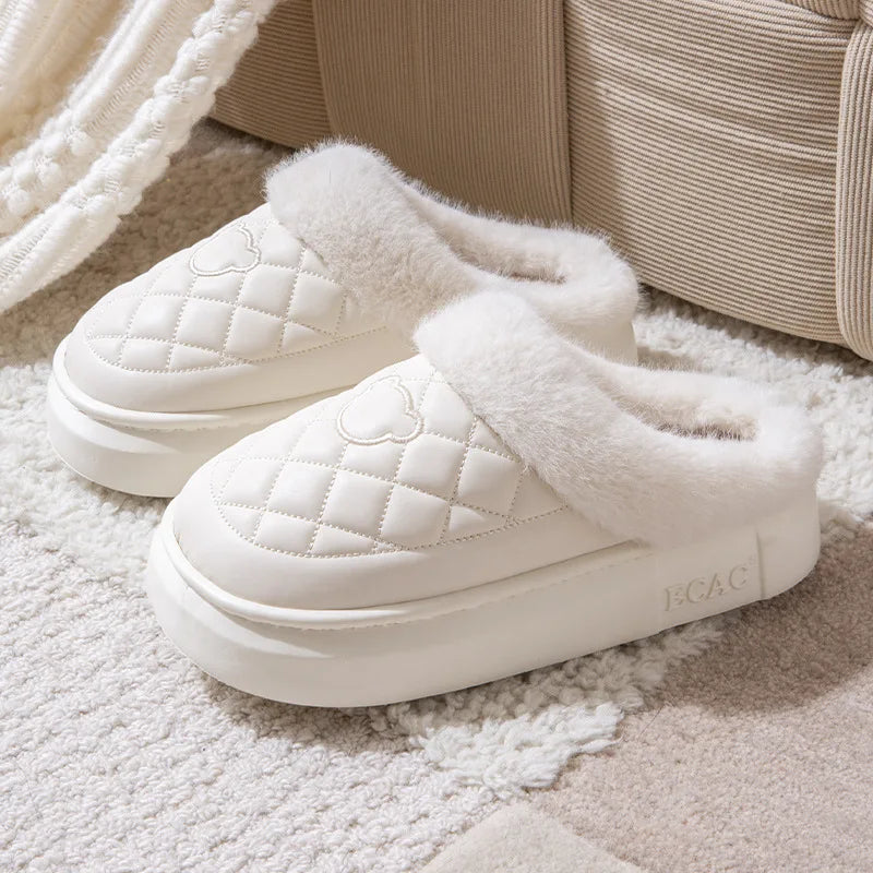 Fluffy mule slippers with a quilted faux leather upper, wide plush cuff and thick EVA sole - white / white cuff